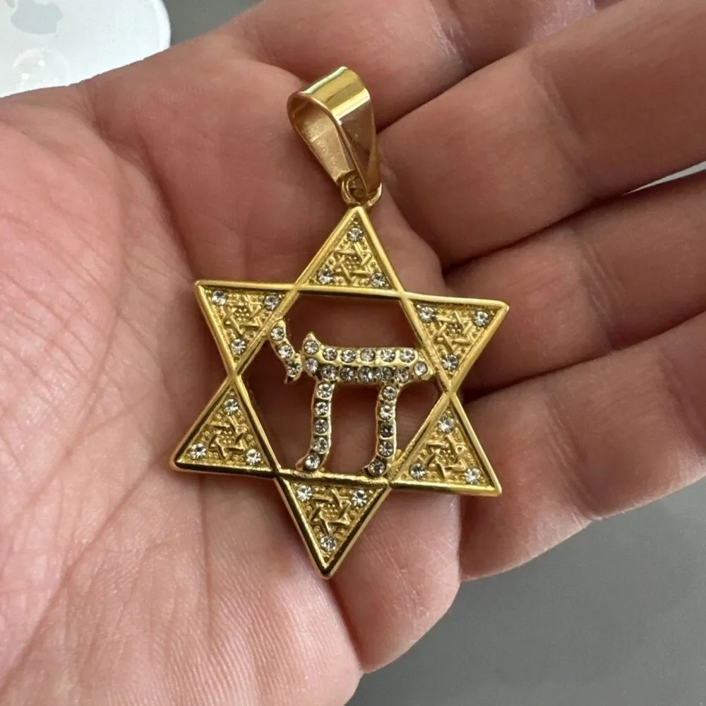 Stainless Steel Hebrew Jewish Israel Star of David Necklace Bar Mitzvah Gold